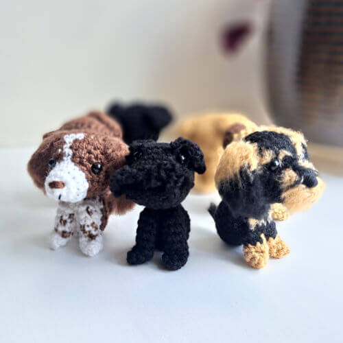 A set of dog figurines sitting in a circle on a window ledge, the miniature schnauzer and spaniel are at the front here
